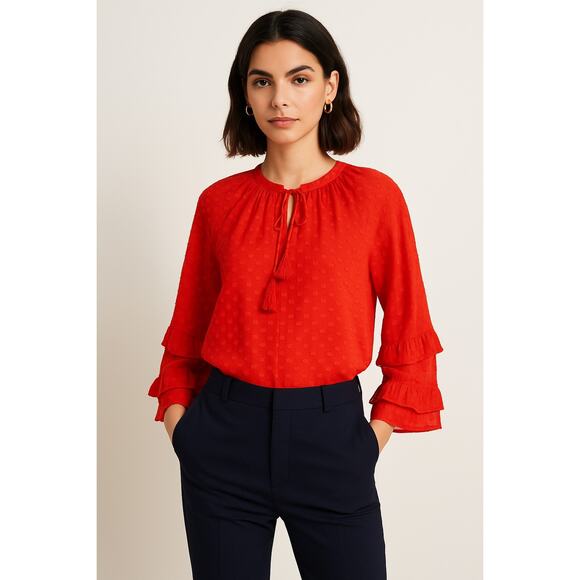 Tory Burch Swiss Dot Textured Red Orange Bell Sleeves Blouse 4 Top Boho Ruffle - Picture 1 of 10